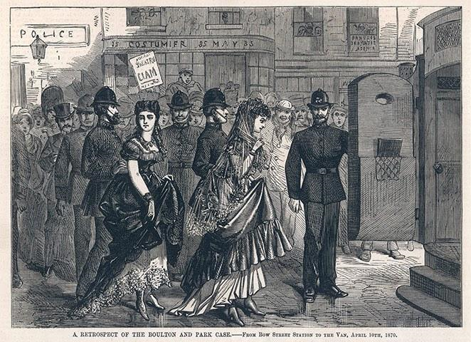 An illustration from the Illustrated Police News showing Fanny and Stella leaving Bow Magistrates Court on 9 April 1870. It shows a small crowd and a number of policemen escorting Fanny and Stella.