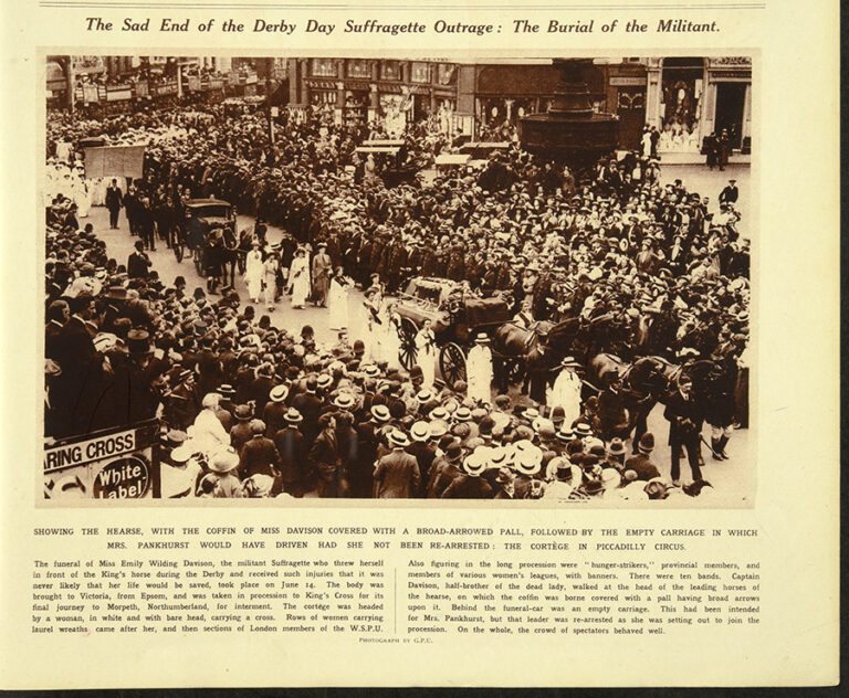 Extract from a story in the newspaper about the funeral of Emily Wilding Davison with a headline that reads 'The Sad End of the Derby Day Suffragette Outrage: The Burial of the Militant'. The photograph shows a large crowd of spectators as the funeral cortege and the procession of suffragette mourners passes by.