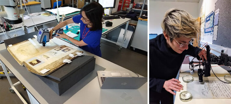 Senior Conservation Scientist, Lucia Pereira Pardo (left) and Head of Conservation: Research and Audience Development, Lora Angelova (right) using scientific instrumentation to analyse collection items at The National Archives.