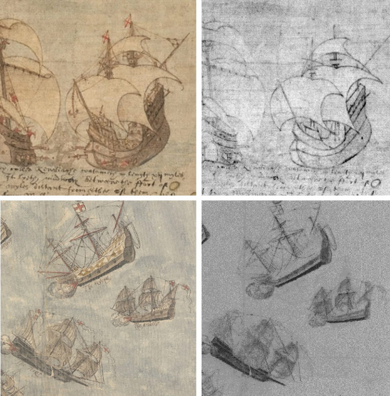 Examples of underdrawings found in The National Archives’ Tudor map collection using multi-spectral imaging. On the left are images and on the right are infrared images that show underdrawings and pementi.