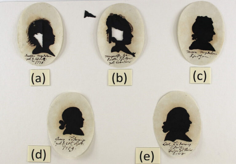 Extremely fragile miniature silhouette portraits drawn in iron gall ink dating from 1780.