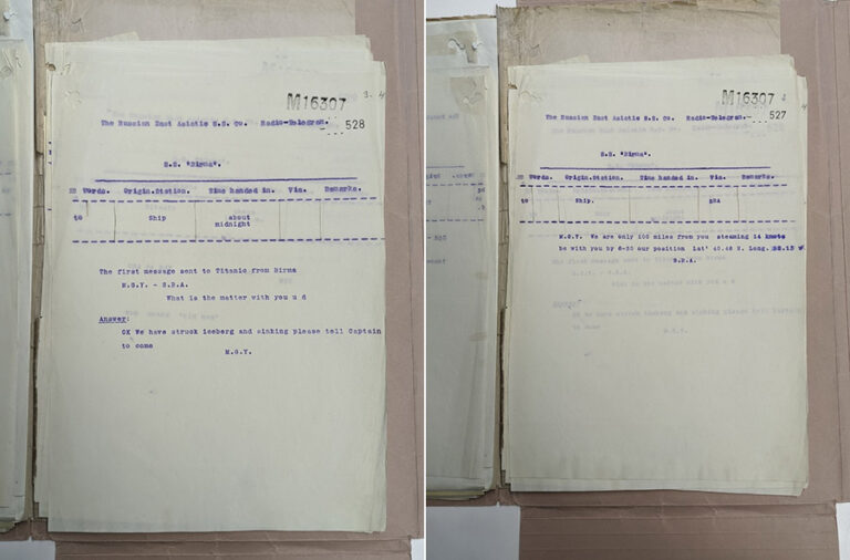 Documents from MT 9/920/C, office copies of telegrams received by the SS Birma from the Titanic. As discussed in Emilie’s video, the copies were created using crystal violet ink, an early synthetic dye that is extremely light sensitive.