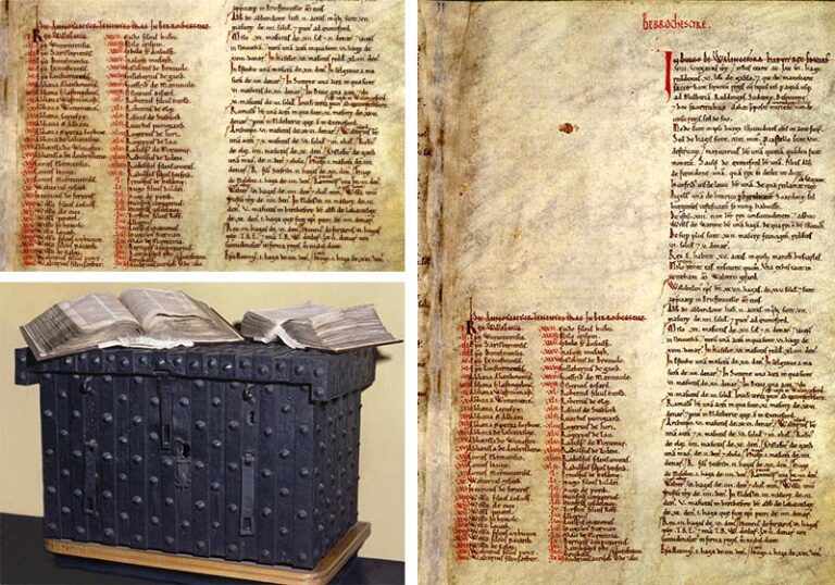 Domesday chest with Domesday Book in two volumes and a page from Great Domesday, listing individuals to be taxed from the county of Berkshire.