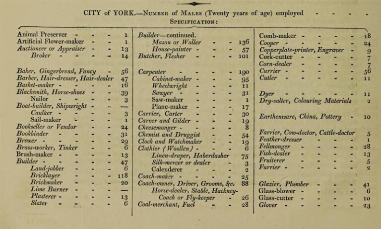 Table listing the male adults employed in various professions, alphabetised A-G in the City of York, from the Comparative account of the Population of Great Britain, 1831.