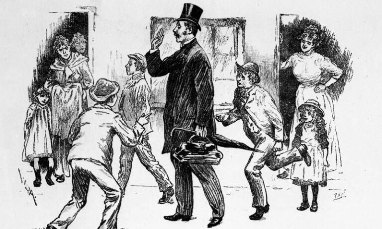 ‘Taking the census – Experiences of an enumerator’, a series of cartoons in the Illustrated London News, 1891. This illustration shows a smartly dressed man with a top hat, surrounded children and women in front of their houses, as the man goes about his business.