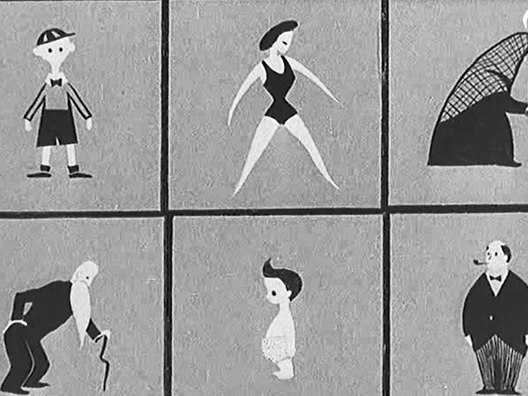 A still from a Pathe film promoting the 1951 census showing a young boy, a woman in a swimming costume, an old woman with a walking stick, an old man with a walking stick, an infant, and a pipe smoking businessman.