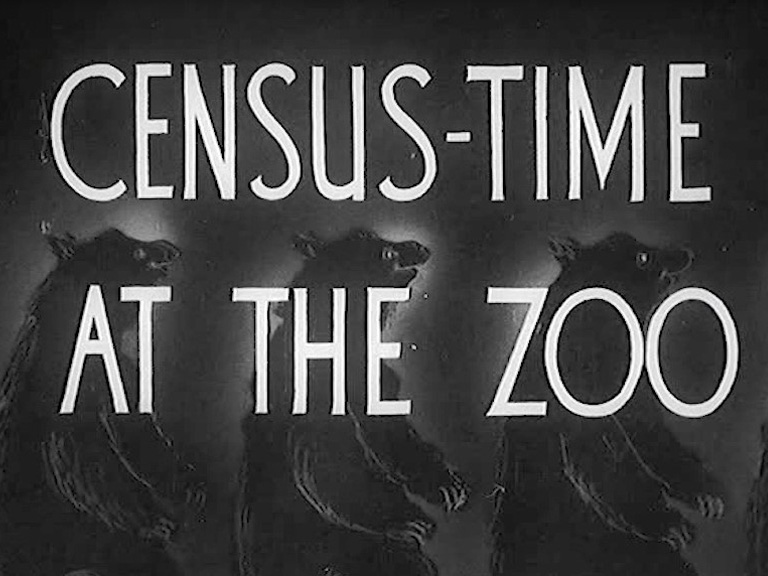 A still from a Pathe film with the titles Census-Time at the Zoo.