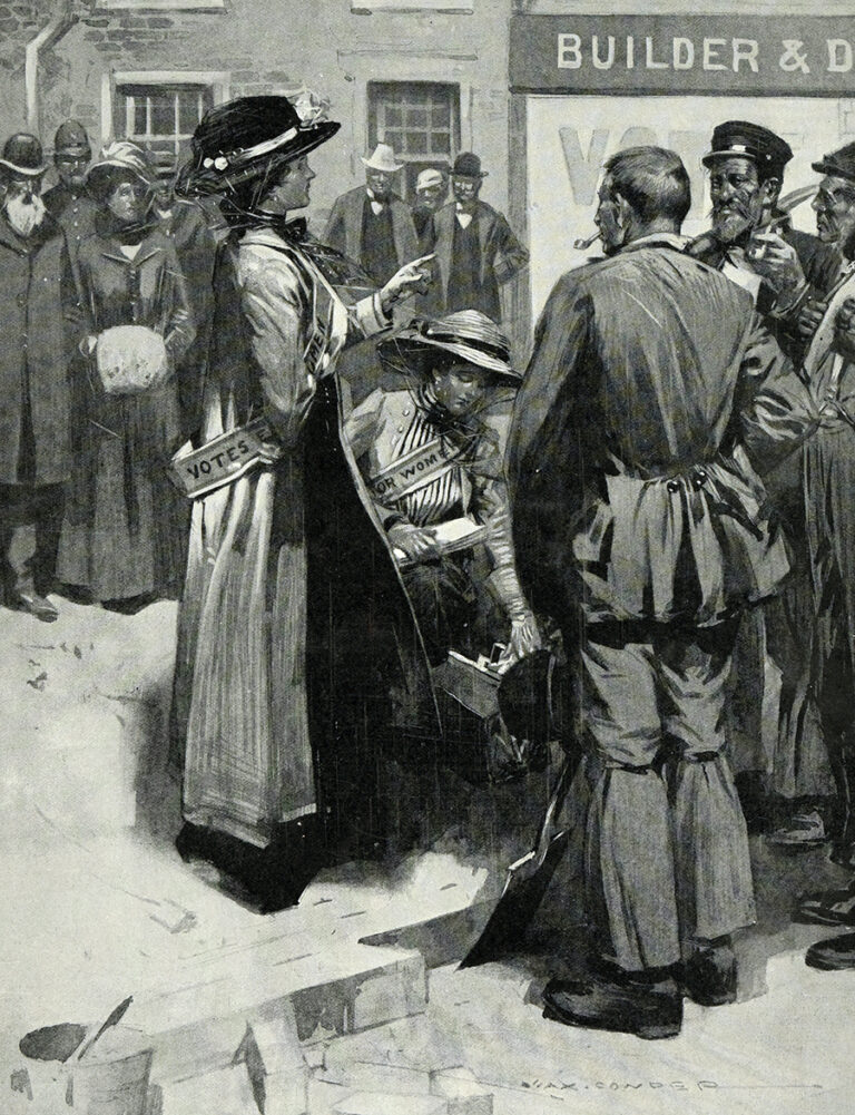 An image from The Illustrated London News, 15 January 1915, showing two suffragettes talking to a group of men, presumably explaining their campaign for votes for women.