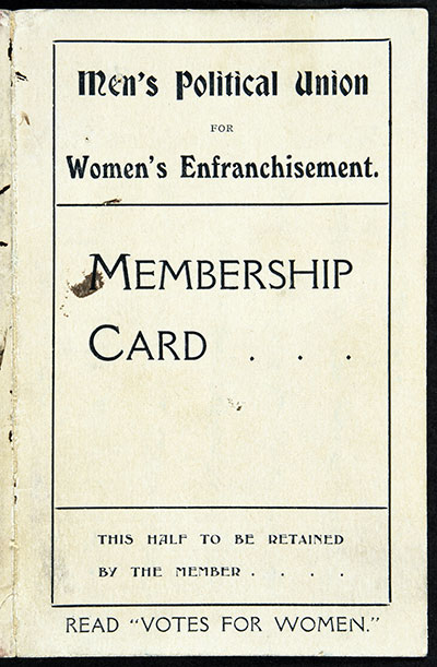 Front cover of a membership card for the Men’s Political Union for Women’s Enfranchisement.