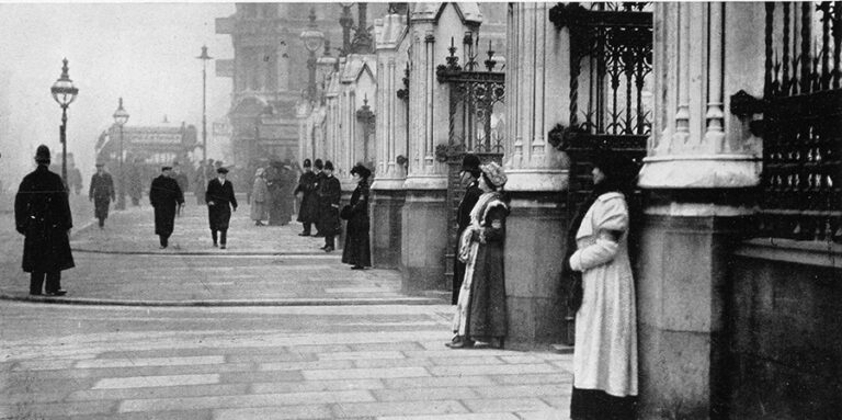 Photograph extracted from The Illustrated London News depicting suffragettes standing outside the House of Commons ‘to persuade members to vote in favour of women’s suffrage’, dated 1 February 1913.
