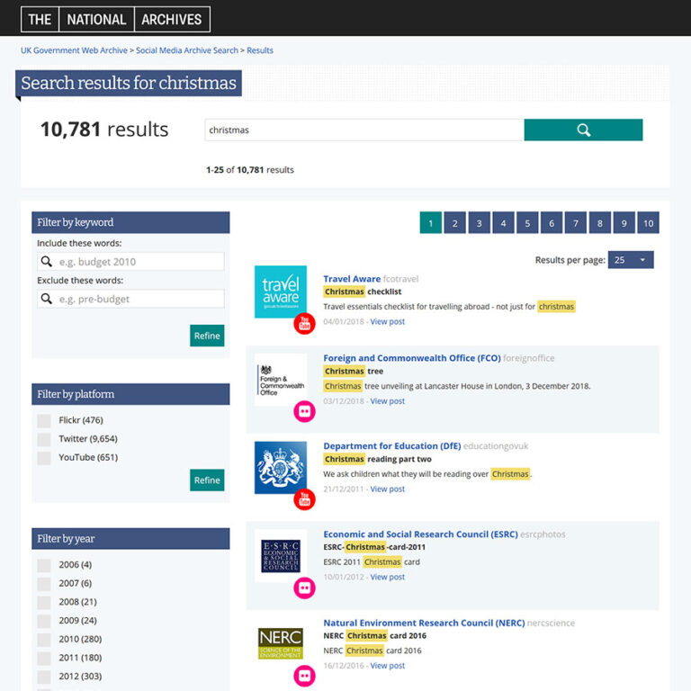 Results of a search for the word ‘Christmas’. The filters can be seen on the left-hand side.