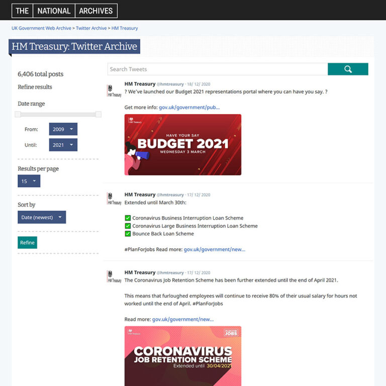 Current access page for archived Tweets from the HM Treasury Twitter feed showing embedded media.