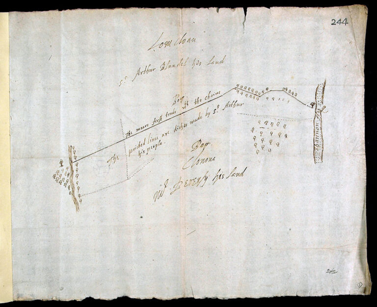 Ink drawing of a map of the border between Sir Arthur Blundel’s and Mr. Derensy’s [Matthew De Renzi] land in the townland of Clanona. The pricked lines are ditches and the River Shannon is on the right-hand margin.