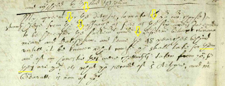 An example of palaeographic process identifying the grapheme ‘th’ - the five yellow arrows appended on the original document mark the article ‘the’ and the three yellow lines underline the pronouns ‘them’ and ‘they’.