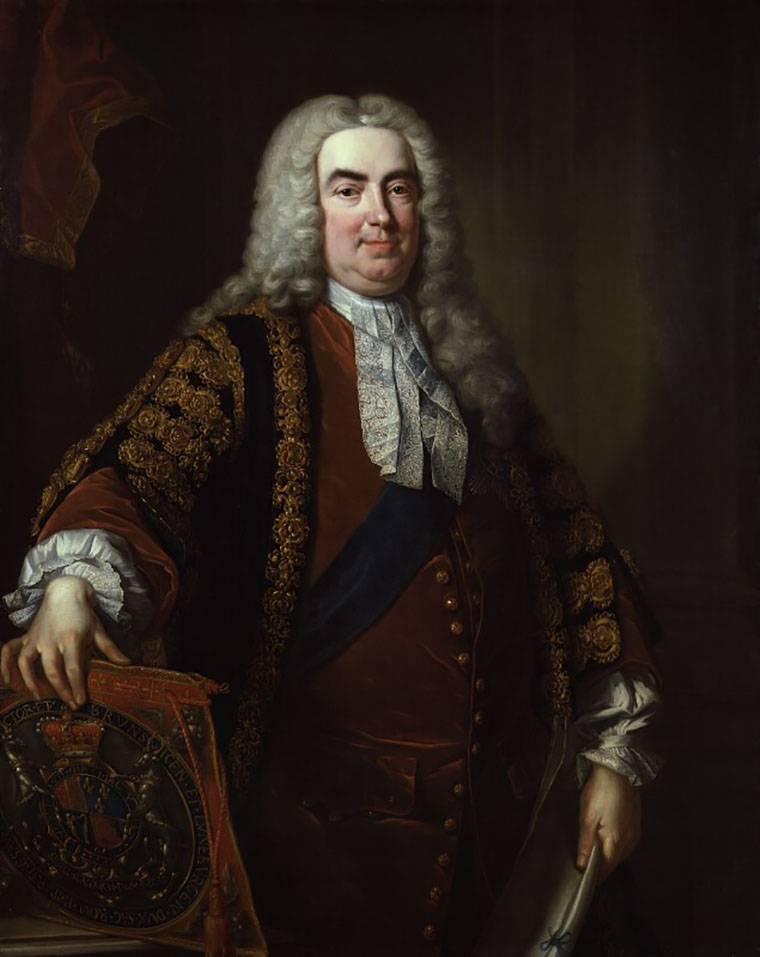 A classic painted portrait of Robert Walpole, 1st Earl of Orford, in robes and wig in the studio of Jean Baptiste van Loo in 1740.