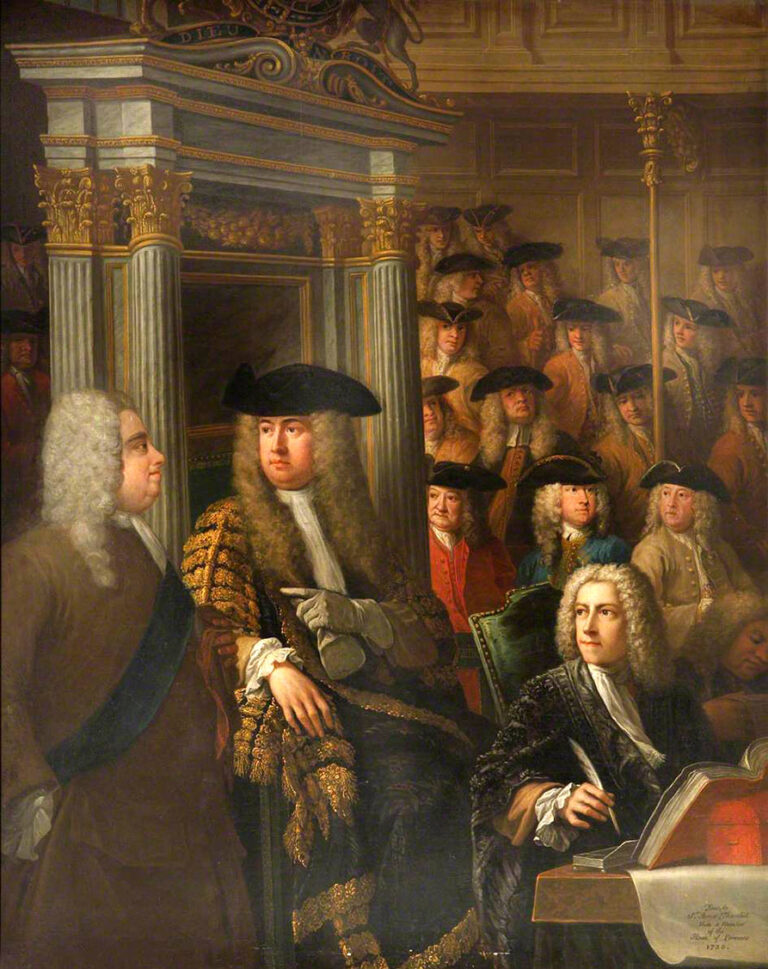 In this painting we see Speaker Arthur Onslow calling upon Sir Robert Walpole to speak in the House of Commons in 1730.