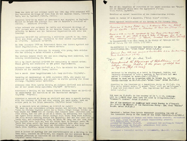 Details of various incidents and arrests involving Markievicz between 1919-1923.