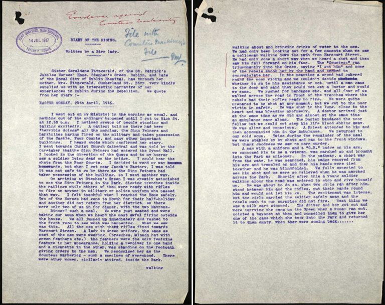 An account of the 1916 Easter Rising from the Diary of Sister Geraldine Fitzgerald, used as evidence against Constance Markievicz.