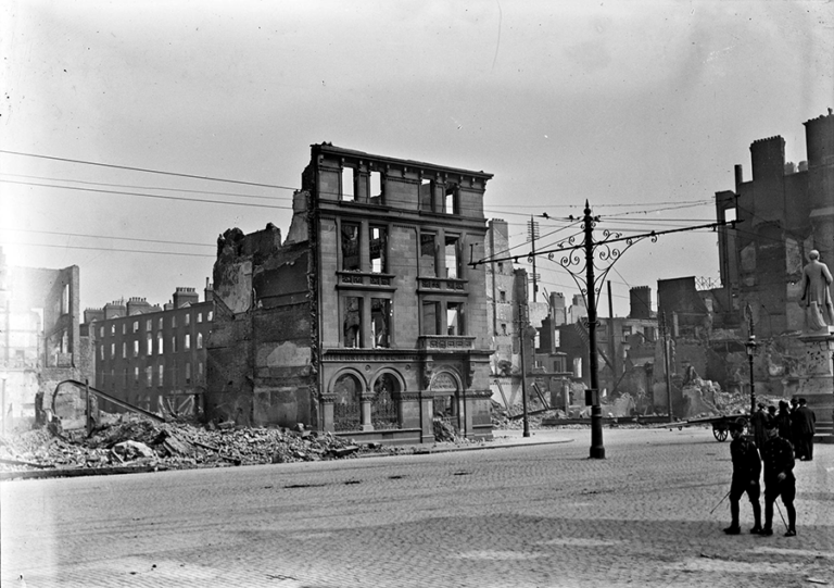 Damage in Dublin following the 1916 Easter Rising. The photograph shows a bombed and destroyed office building.