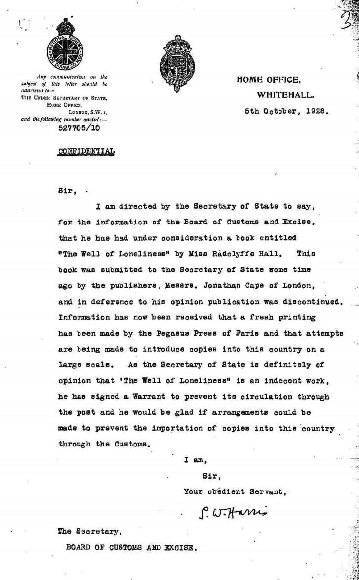 Letter from the Board of Customs and Excise regarding the planned seizure of copies of ‘The Well of Loneliness’ entering the UK.