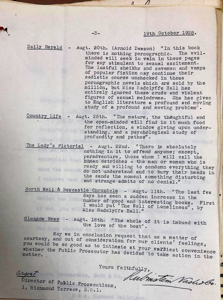 Reviews of ‘The Well of Loneliness’, collated for the Obscenity Trial by the Director of Public Prosecutions, 19 October 1928.