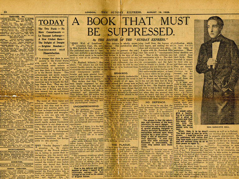 Press cutting regarding suppression of the book ‘The Well of Loneliness’. The headline reads 'A Book That Must Be Suppressed', and alongside it is a photograph of Radclyffe Hall.