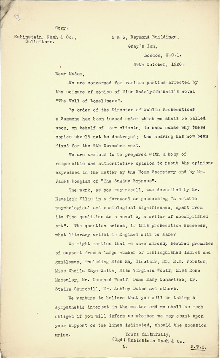 A letter from Hall and Cape’s solicitors, which includes the sentence ‘The question arises, if this prosecution succeeds, what literary artist in England will be safe?’