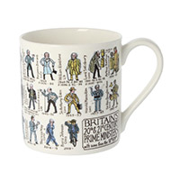 Photograph of a mug featuring illustrations of British Prime Ministers.