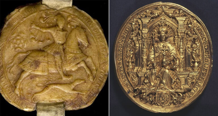 Left: A wax seal showing Henry as a warrior. Right: a gold seal (PRO 30/26/65) illustrating Henry as God’s representative on Earth with the orb and sceptre together with a regal crown illustrating his power over the kingdom.