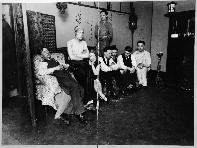 Photograph of individuals present during a raid of Fitzroy Square, used as evidence, 1927.