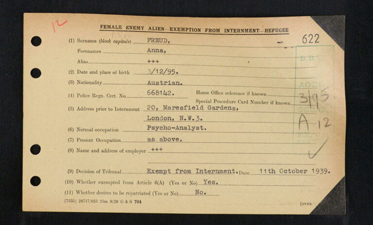 Anna Freud’s Internment Tribunal card regarding the decision not to intern.