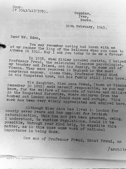 A letter from Princess Marie Bonaparte, known as Princess George of Greece and Denmark, to the Foreign Secretary, Anthony Eden MP, requesting that Anna Freud’s naturalisation application be fast tracked. Catalogue ref: HO 405/13317