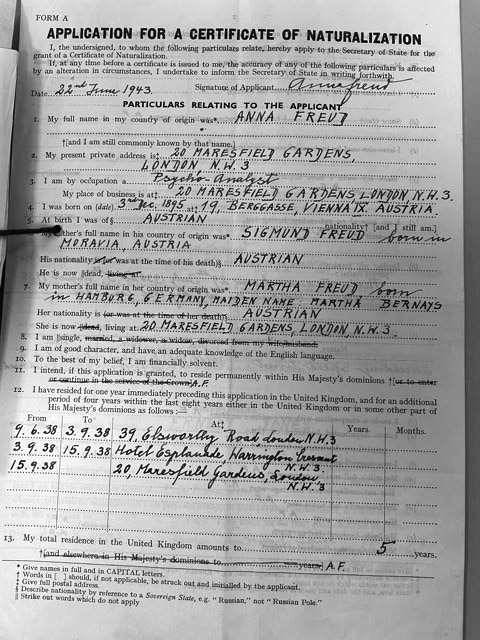 Anna Freud’s unsuccessful application for British citizenship, 22 June 1943.