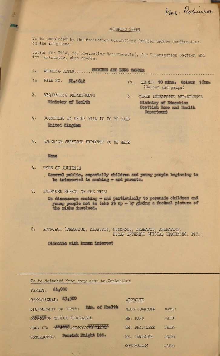 Briefing sheet for the 1962 film ‘Smoking and You’, describing the intended audience and style of the film.