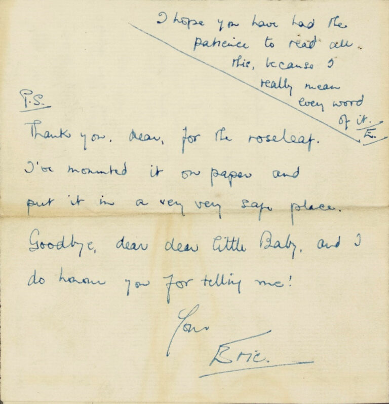 Ending of the letter from Eric to Bert, from the handwritten original, 1927.