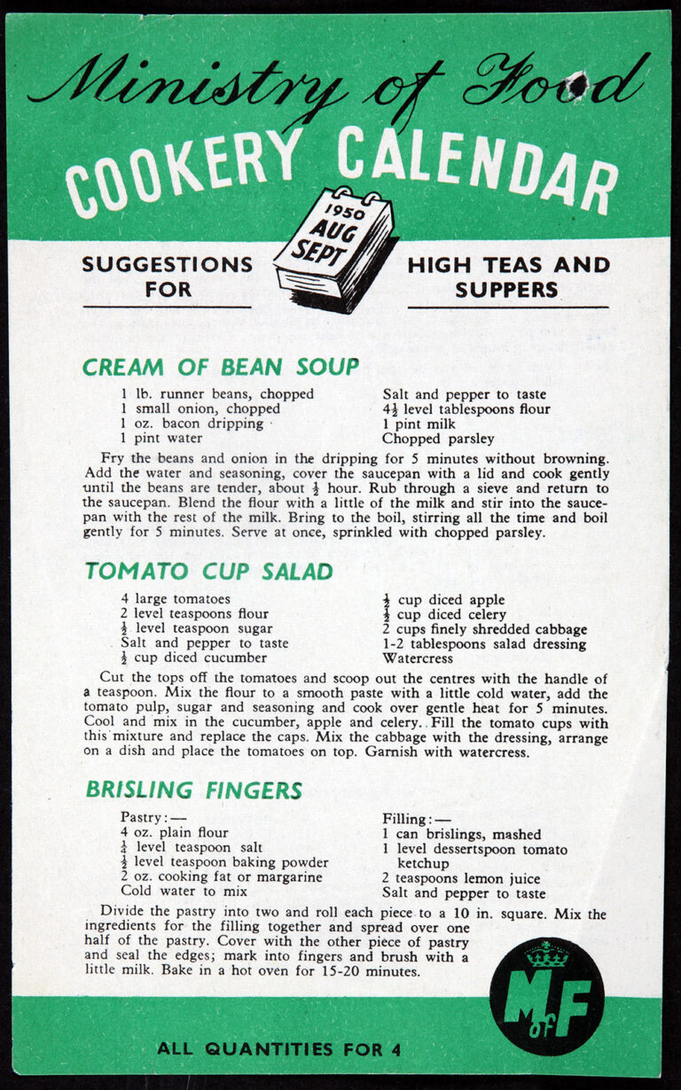 War Cookery Calendar for August and September 1950. There are recipes for cream of bean soup, tomato cup salad and brisling fingers.