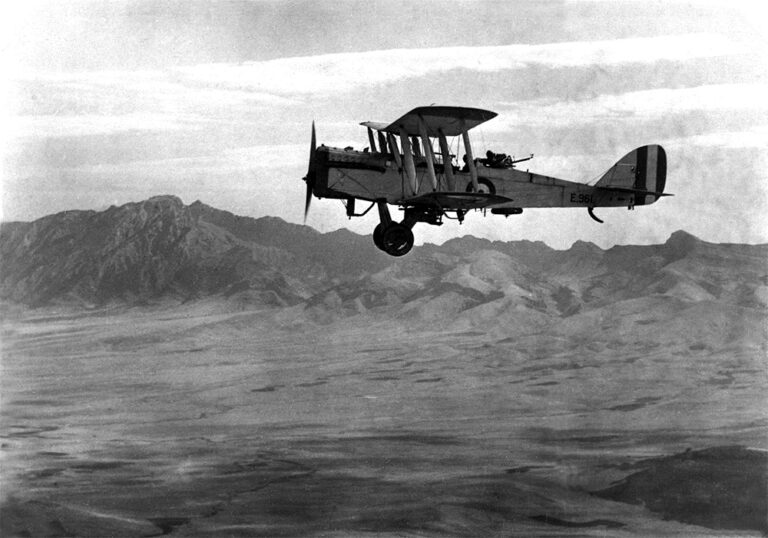 A twin-engine plane flying over Iraq's Suiaimanaiyah Valley in 1924. Iraqi nationalists opposed the British Mandate and the Royal Air Force continued to play a prominent role in maintaining the administration.
