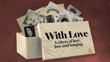 Decorative image promoting the With Love exhibition. A collection of letters are shown spilling from a box.