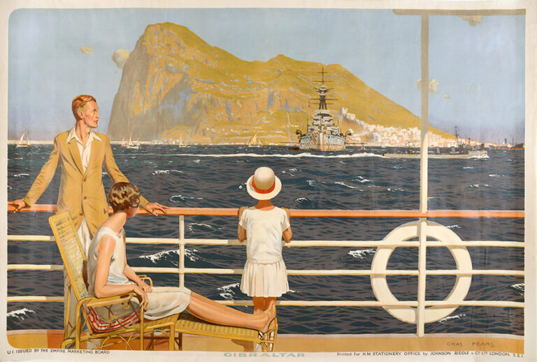 A man, a woman and their daughter are standing on the deck of a boat, looking out at the Rock of Gibraltar. The painting's artist is Charles Pears.