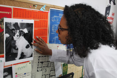 A young woman looks at a photograph on the wall of the dog Pickles.