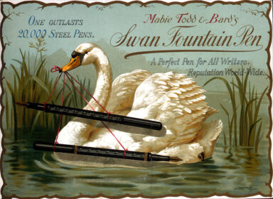 Painting of a swan and a pair of pens, used to advertise Mabie Todd and Bard's Swan Fountain Pen.