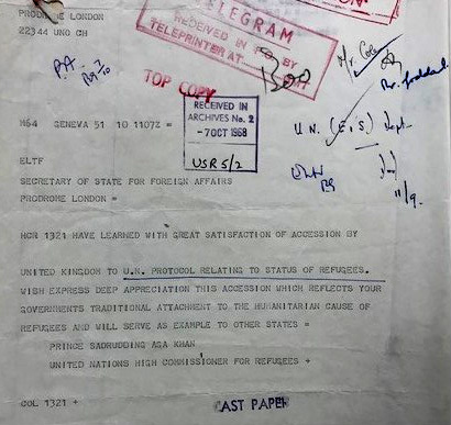 Copy of a telegram from the UN High Commissioner for Refugees, Prince Sadruddin Aga Khan, to the Secretary of State for Foreign Affairs, 7 October 1968 marking the UK’s accession to the Protocol.