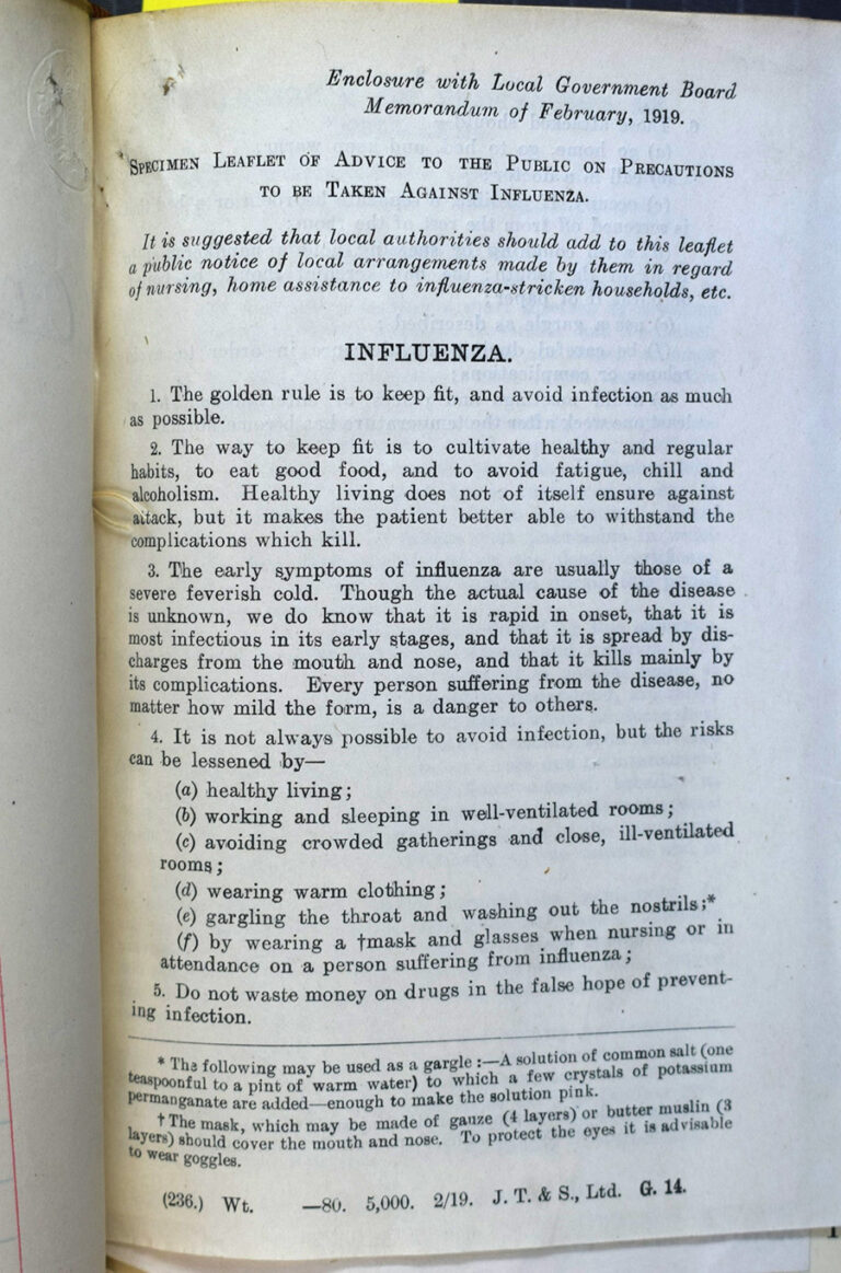 Specimen Leaflet of Advice to the Public on Precautions to be Taken Against Influenza.