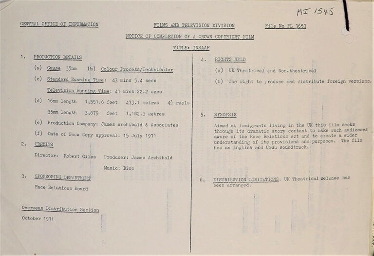 Notice of completion of a crown copyright film 1971.