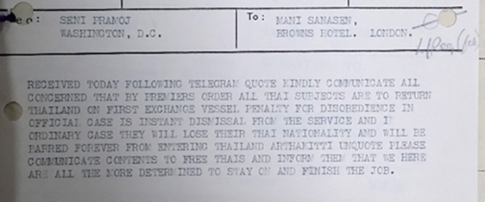 Telegram from Seni Pramoj, Thai Minister in Washington to Mani Sanasen, 19 September 1942.