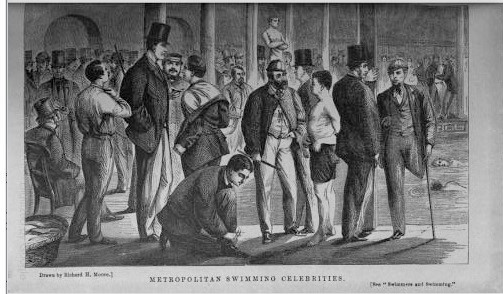 An illustration of ‘Metropolitan Swimming Celebrities’ stood in front of a swimming pool, featuring Charles Moore on the far right in London Society.