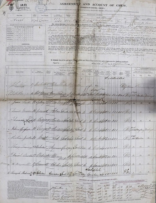 Crew List and Agreement for Ariel, combining the outward journey from London in September 1865 and the return journey from Foochow in May 1866.