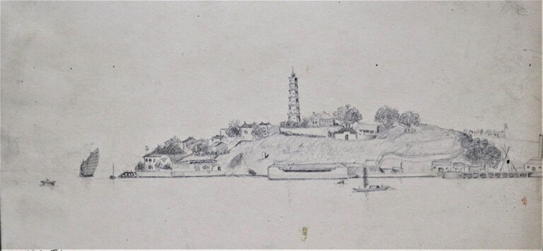 Simple line drawing of Pagoda Point, or the Pagoda Anchorage on the Min River.