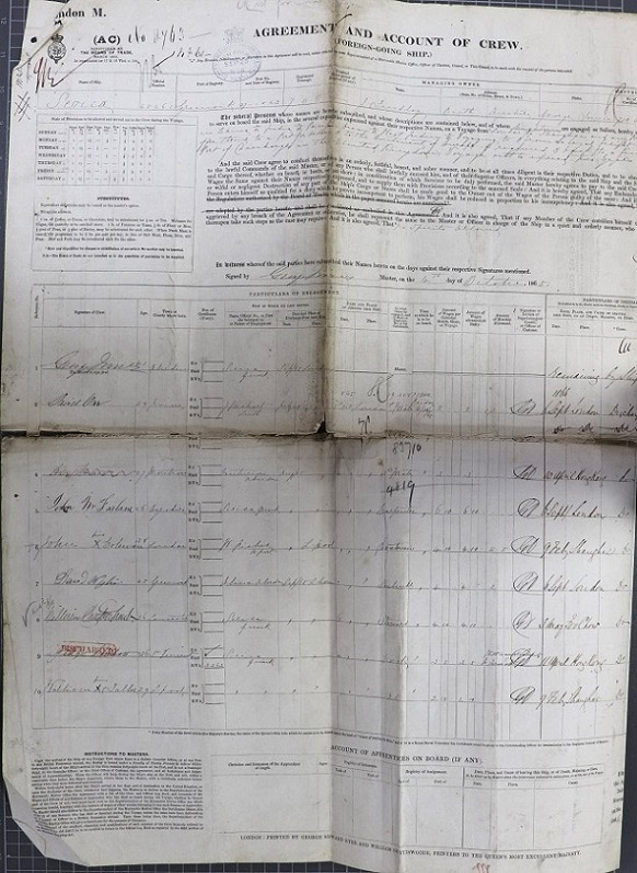 Crew List and Agreement for Serica, combining the outward journey from London in October 1865 and the return journey from Foochow in May 1866.