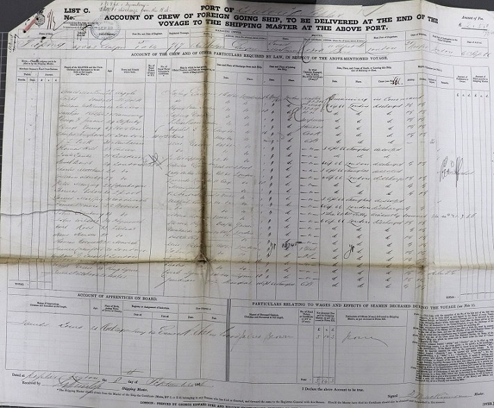 Crew List and Agreement for Taeping, combining the outward journey from London in November 1865 and the return journey from Foochow in May 1866.